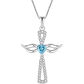 JO WISDOM Guardian Angel Wings Cross Necklace 925 Sterling Silver Cubic Zirconia Heart Birthstone Pendant Jewelry for Women