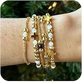 Bohxantium Gold Cross Beaded Bracelets for Women Handmade Boho Stretch Stackable 14K Gold Plated Glass Round Beads Ball Bracelet Stack Non Tarnish Trendy Jewelry Set Accessories Christian Gift