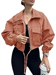 Tankaneo Womens Cropped Jacket Zip Up Lightweight
