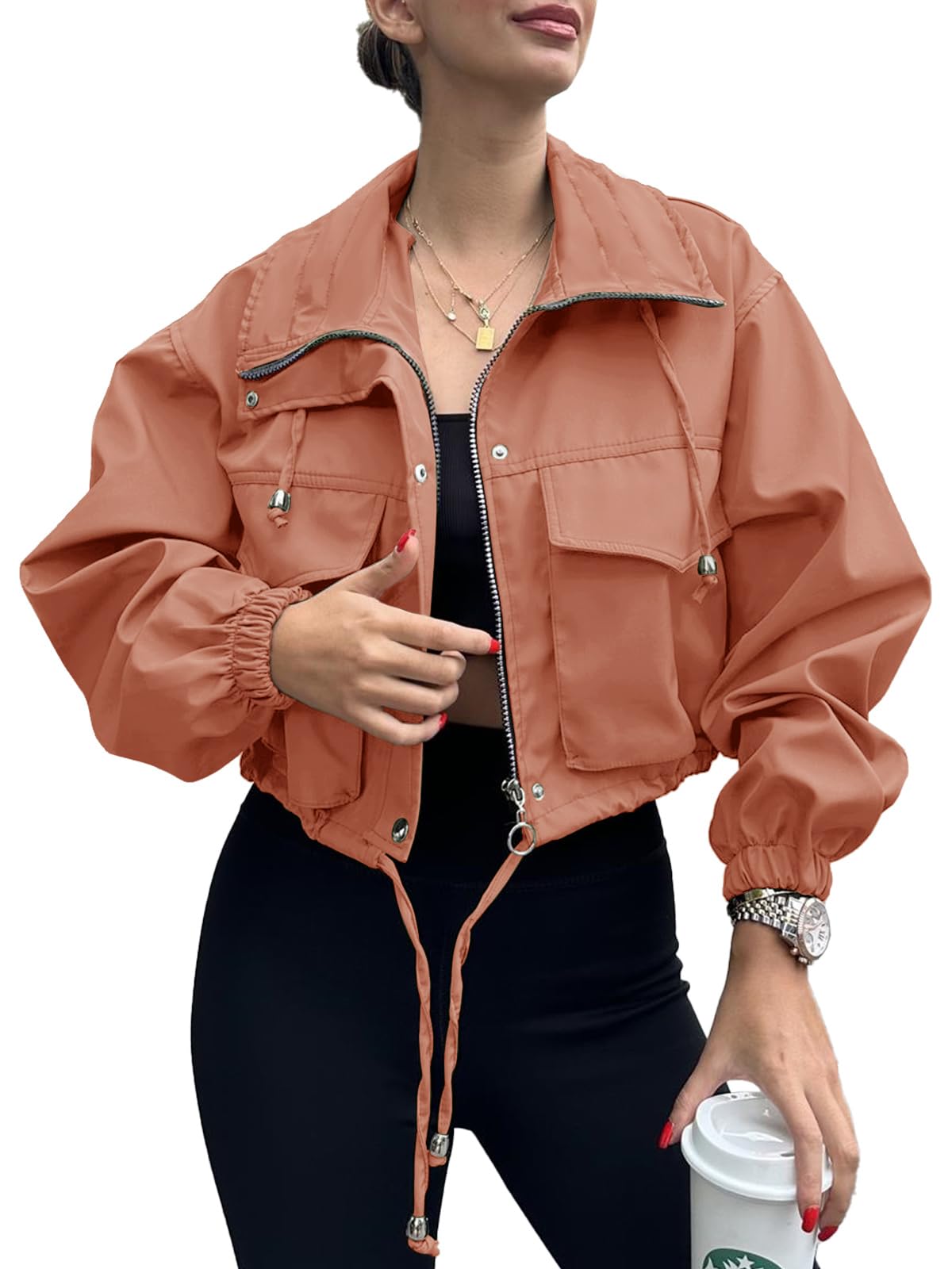 Tankaneo Womens Cropped Jacket Zip Up Lightweight