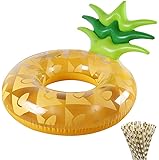 Sharlity Pineapple Inflatable Pool Float with an Inflator Swimming Ring for Adults Kids Pool Party Supplies( with 25 Pineapple Patterned Drinking Straws)