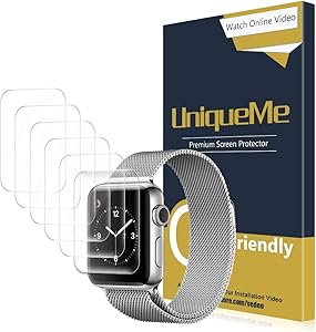 [6 Pack] UniqueMe for Apple Watch Series 1/2/3 (38mm Compatible) Screen Protector, [Bubble-Free] Soft HD Clear Flexible Film with Lifetime Replacement Warranty