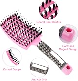 URAQT 2 Pcs Boar Bristle Paddle Hairbrush with Tail Comb Pink Purple view 2
