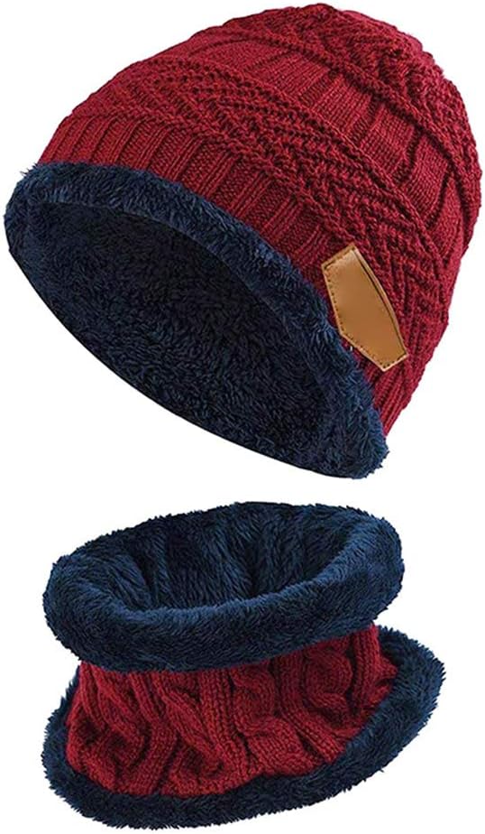 LQZ Kids Boys Girls Winter Warm Cap Set - Thick Knitted Fleece Lined Hat and Circle Scarf