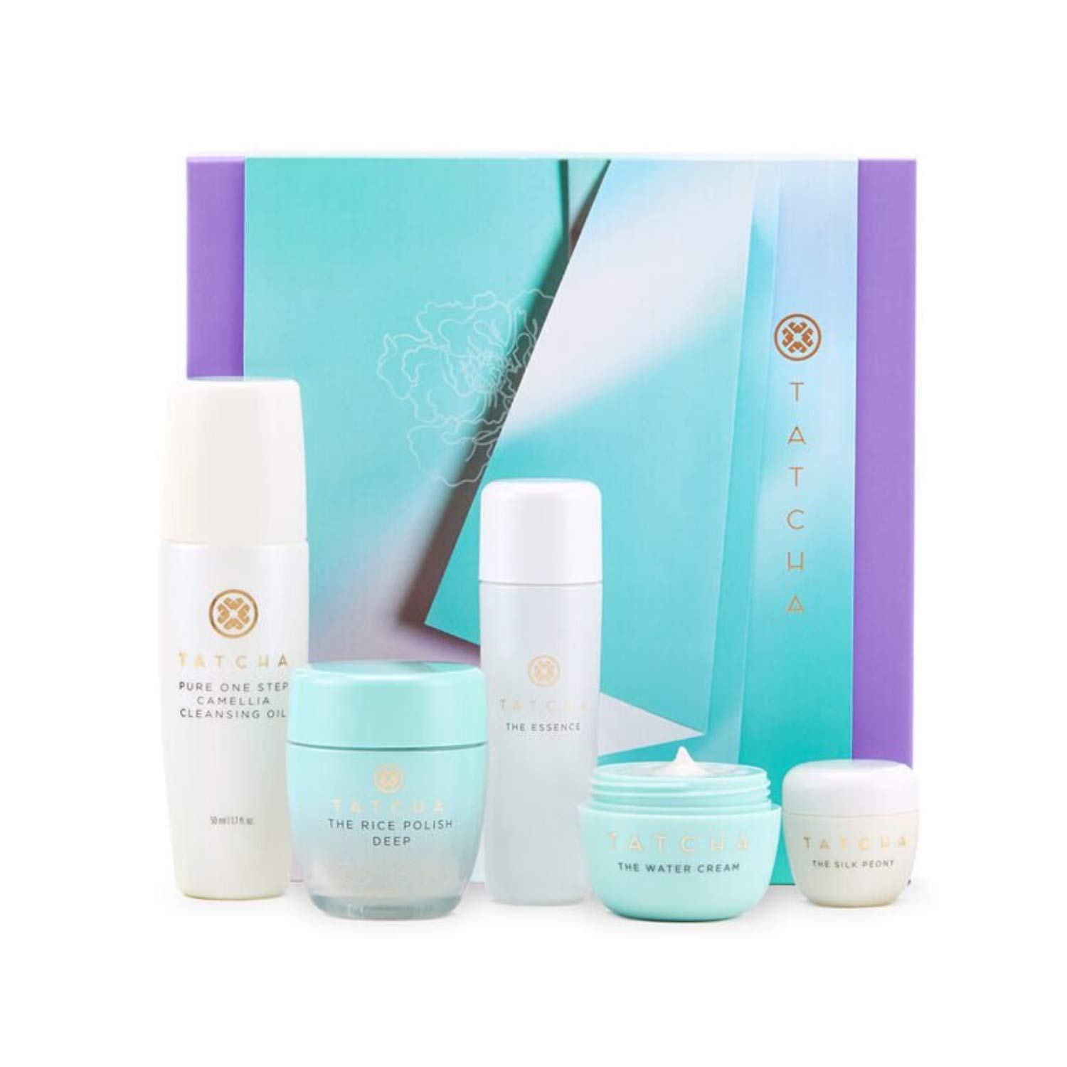 Tatcha The Starter Ritual Set - Replenishing for Dry Skin: Includes Pure One Step Camellia Cleansing Oil, The Rice Polish: Gentle, The Essence, The Dewy Skin Cream, The Silk Peony : Beauty