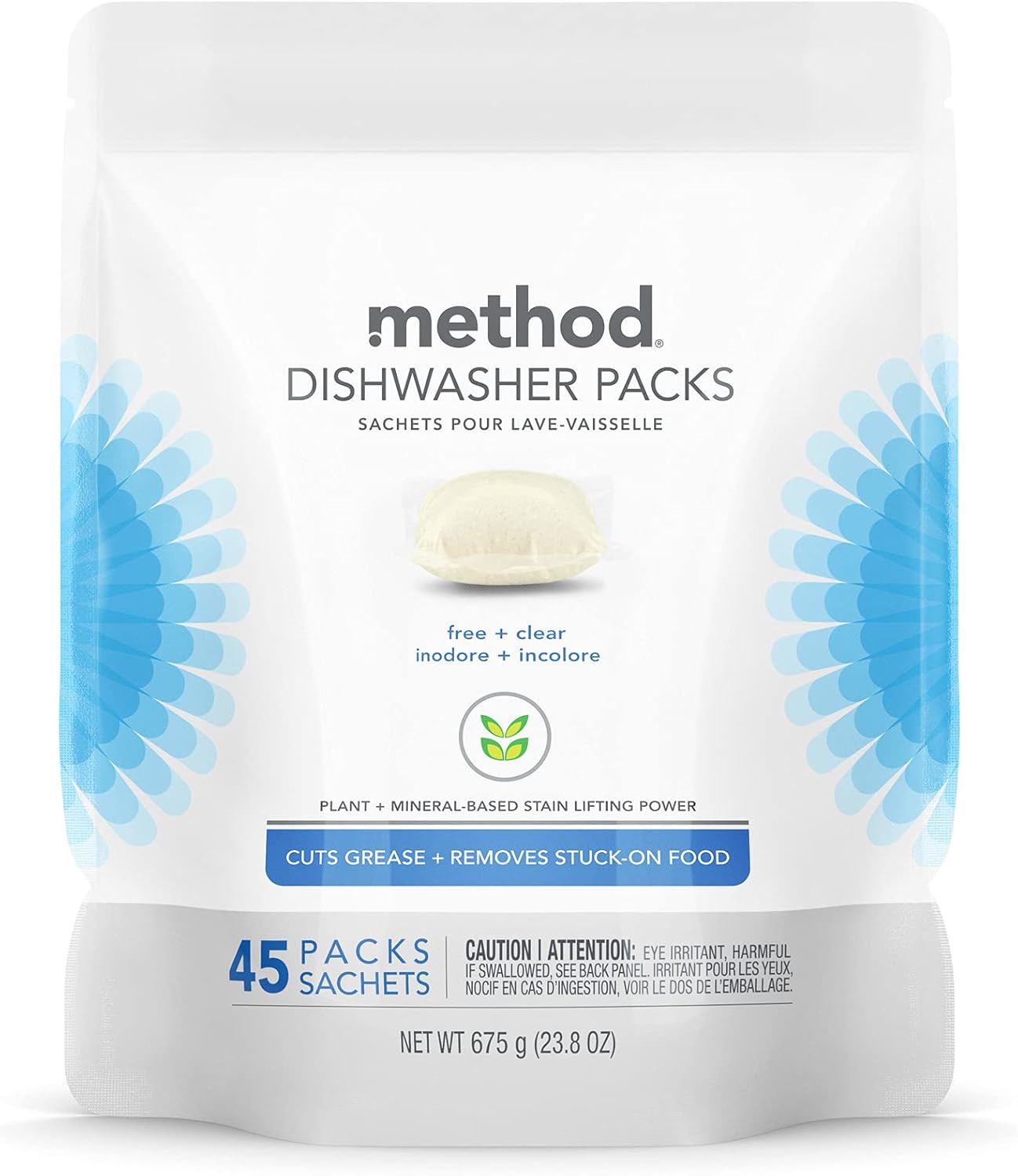 Method Dishwasher Detergent Packs, Dishwashing Rinse Aid to Lift Tough Grease and Stains, 45 Dishwasher Tabs per Package, Free + Clear - Fragrence Free, 1 Pack, Packaging May Vary: Health & Personal Care