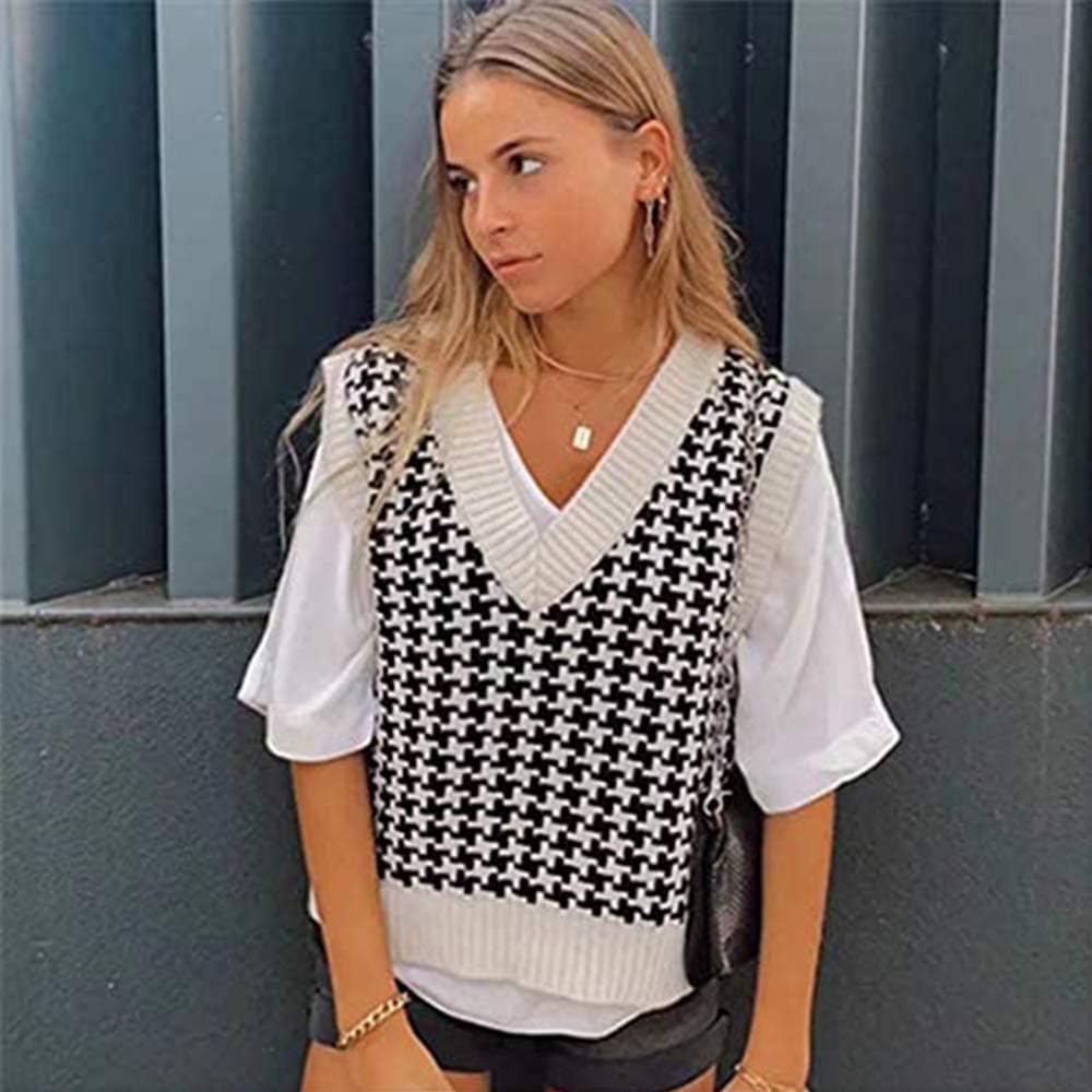 Jlihang Women Houndstooth Knitted Sweater Vest V Neck Casual Loose Oversized Vintage Pullover Tops (White) at  Women’s Clothing store