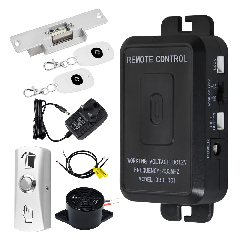 FUSYTULY Fully Access Control System Kit Wireless 433MHz Door Opener + NC Fail Safe Electric Strike Lock + 30 Meters Remote Transmitters Unlock