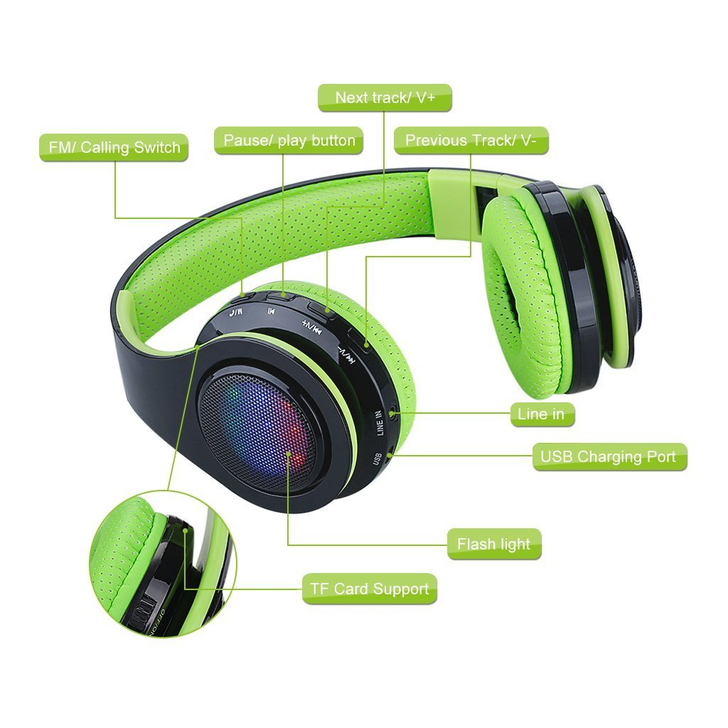 Excelvan Wireless LED Stereo Bluetooth Headphones Over Ear with Mic for Kids Children Women Men, Portable Headset Noise Isolating Headphone for iPhone 7 7plus 6s 6 5s, iPad, Samsung Galaxy (Green)