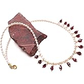 Genuine Freshwater Pearl and Garnet Wire Wrapped Drop Handmade Bib Gold Necklace. Gift For her