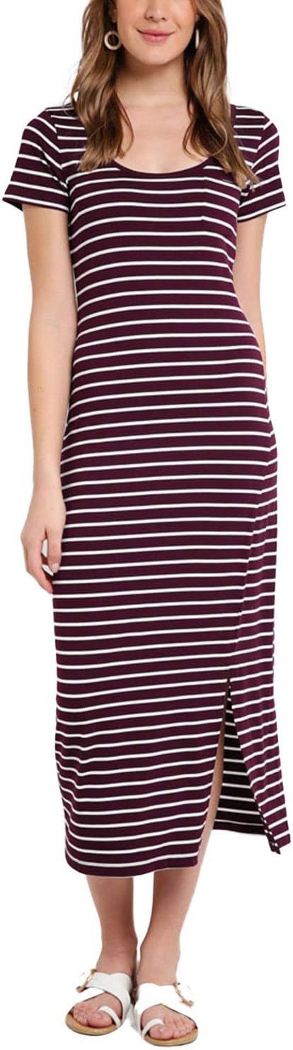 Womens Summer Midi Dress Striped Short Sleeve Dresses Side Split Casual Waist Gowns