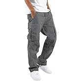 HUNGSON Mens Cargo Pants Drawstring Casual Hiking Pants Joggers Athletic Trousers Cotton Loose Straight Sweatpants for Men