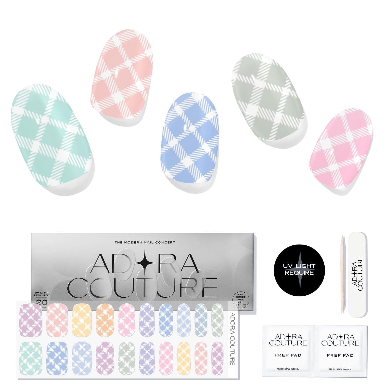 Photo 1 of Adora Couture Semi Cured Gel Nail Strips with 20 Pieces, Salon Quality Nail Wraps for Women (Multi Argyle)