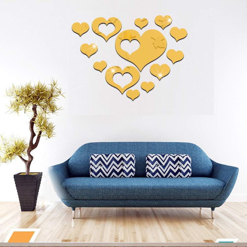 HOODDEAL Acrylic Heart-Shaped Mirror Wall Stickers Plastic Removable Heart Art Decor Wall Poster Living Room Home Decoration,Multi-Size (15PCS, Gold)