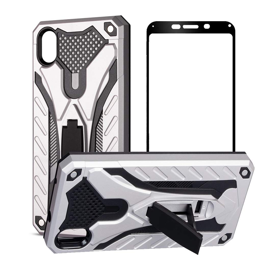 Xiaomi Redmi 7A Case, LoftyGoal 2 in 1 Hybrid Heavy Armor Shockproof Shockproof Hard Case with Kickstand & [2 Pieces] Tempered Glass Screen Protector,Sliver