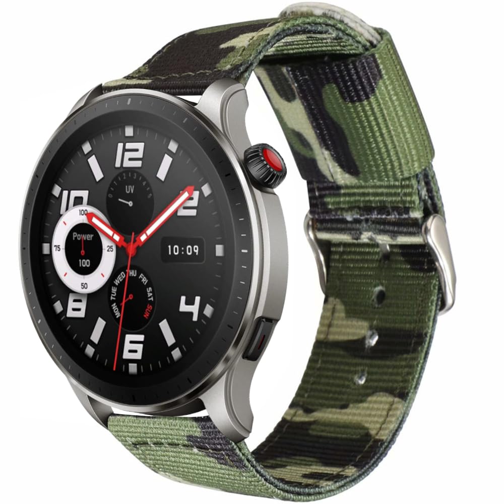 ESTUYOYA Watch Band 22mm Camo Compatible with Amazfit Bip 5/Balance/GTR 4/GTR 3 Pro/GTR 3/GTR 2/GTR/GTR 47mm/Stratos 3, Camouflage Nylon Bracelet Army Green