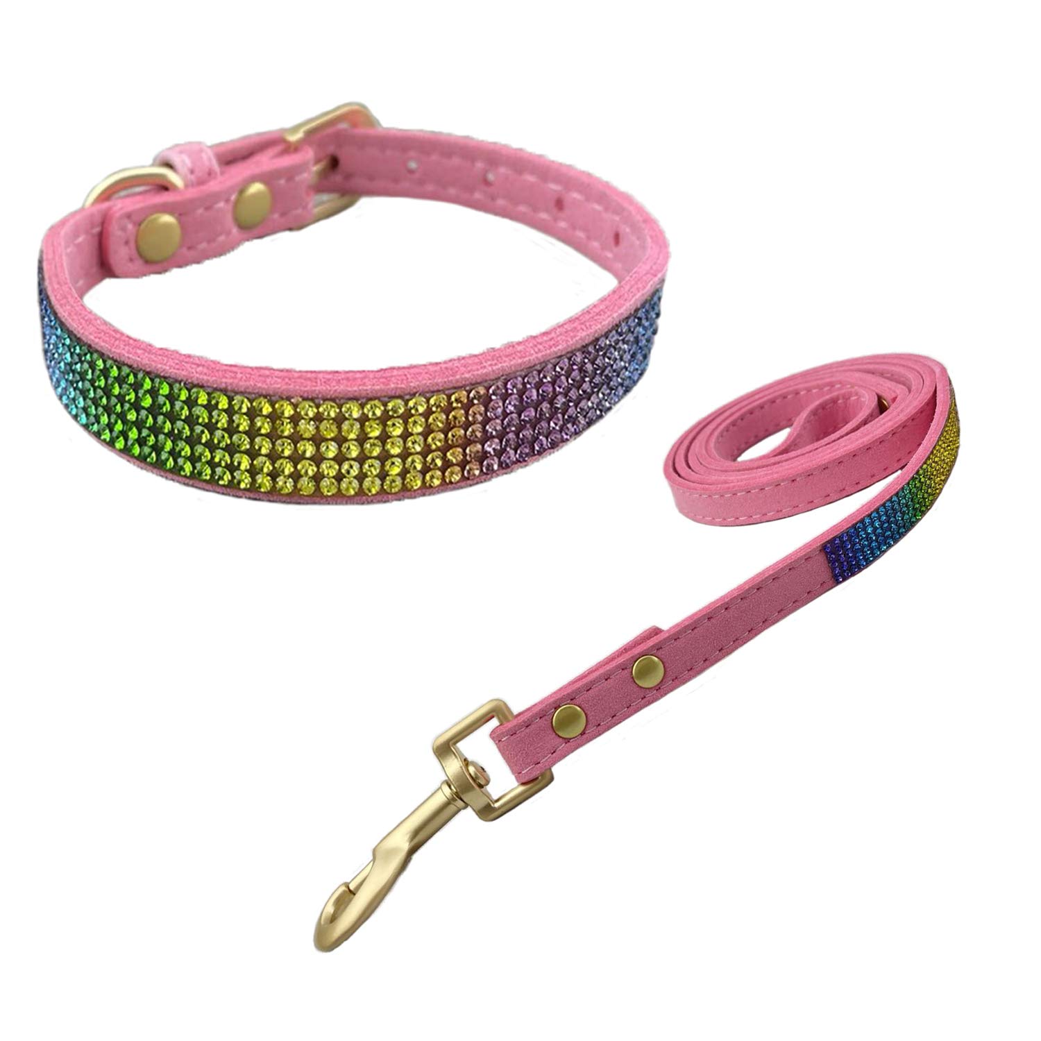 Newtensina Colorful Diamante Dog Collar and Leash Rainbow Colored Puppy Collar with Leashes for Small Dogs - Pink - M