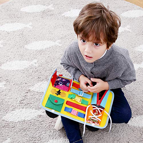 Busy Board, School Bus Style Activity Board(12 Basic Skill), for Fine Motor and Learn to Dress, Early Educational for Preschool Kids Toddler, Sensory Toy for Kindergarten Classroom Airplane Car Travel - Thumbnail 3