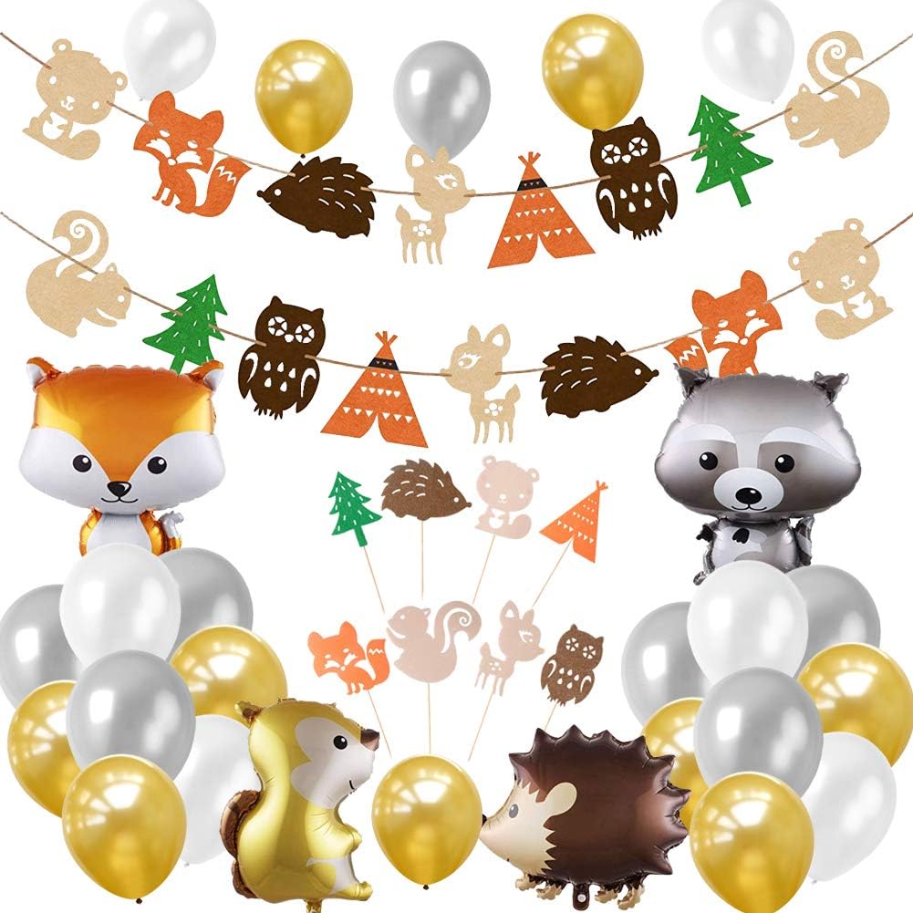 Sharlity Woodland Party Decorations Supplies Woodland Creatures Balloon，Banner，Cupcake Toppers，latex balloons for Baby Shower Birthday Party Supplies
