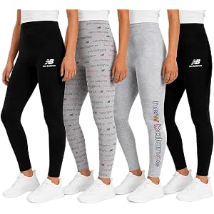 New Balance Girls Athletic Leggings, 4-Pack Yoga Pants for Dance & Play | Smooth Waistband, Soft Breathable Stretch, Pull-On