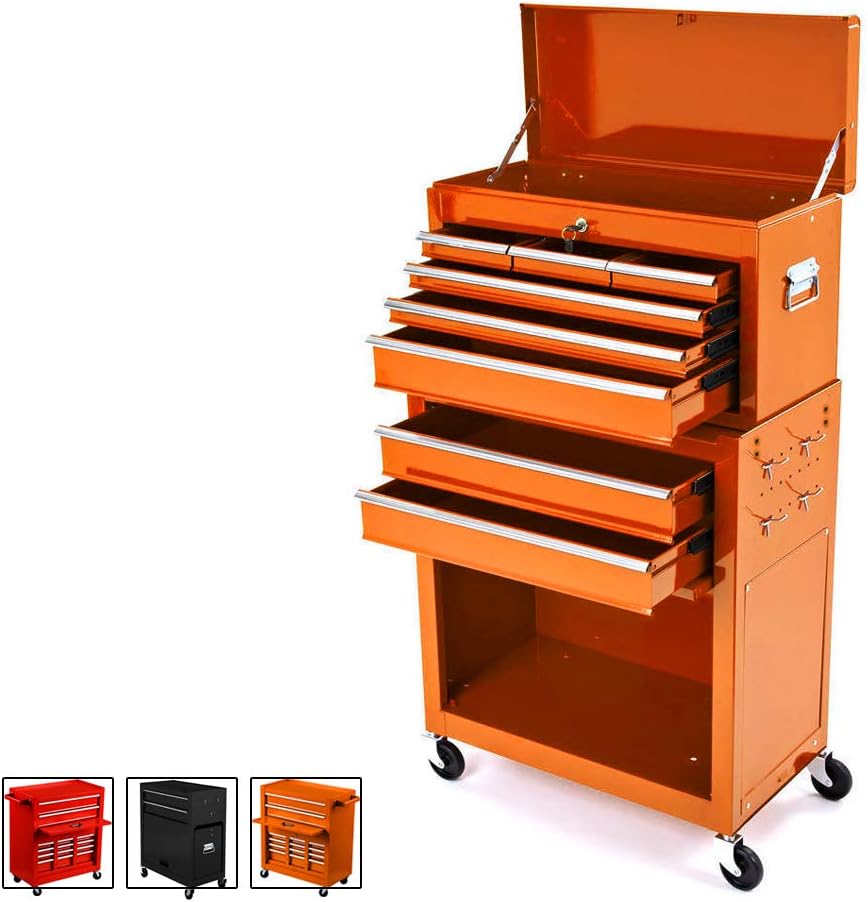 Big Tool Chest,Removable 2 in 1 Tool Box,8-Drawer Tool Storage,Detachable Tool Chest with 4 Universal Wheels (2 PCS Lockable),Keyed Locking System Toolbox Organizer,Orange