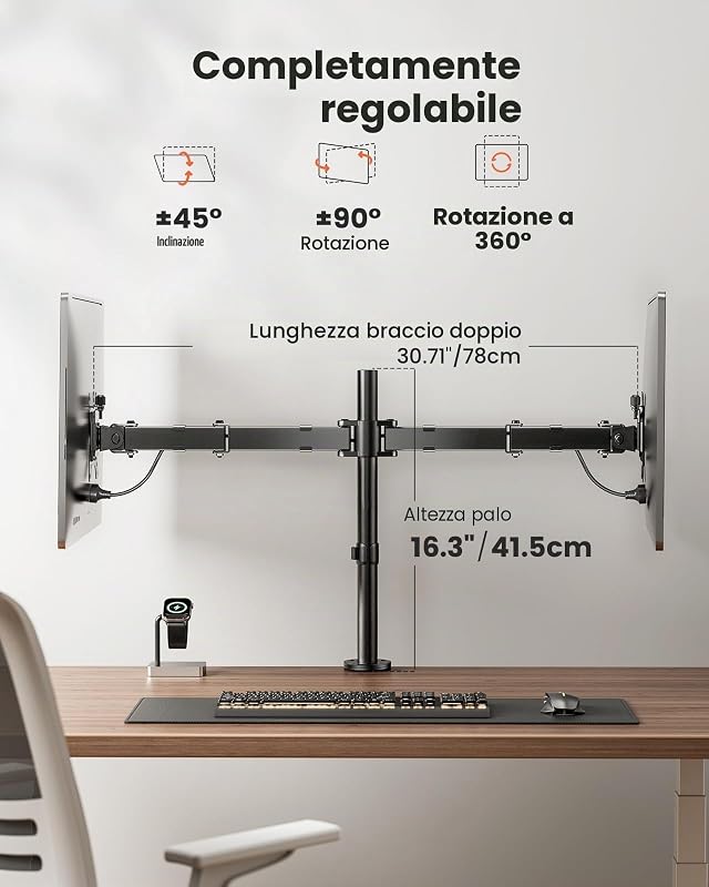 Supporto per doppio monitor, resistente, regolabile, per 2 schermi fino a 32 pollici, completamente regolabile in altezza, inclinabile, girevole, supporta 8 kg per braccio monitor, facile