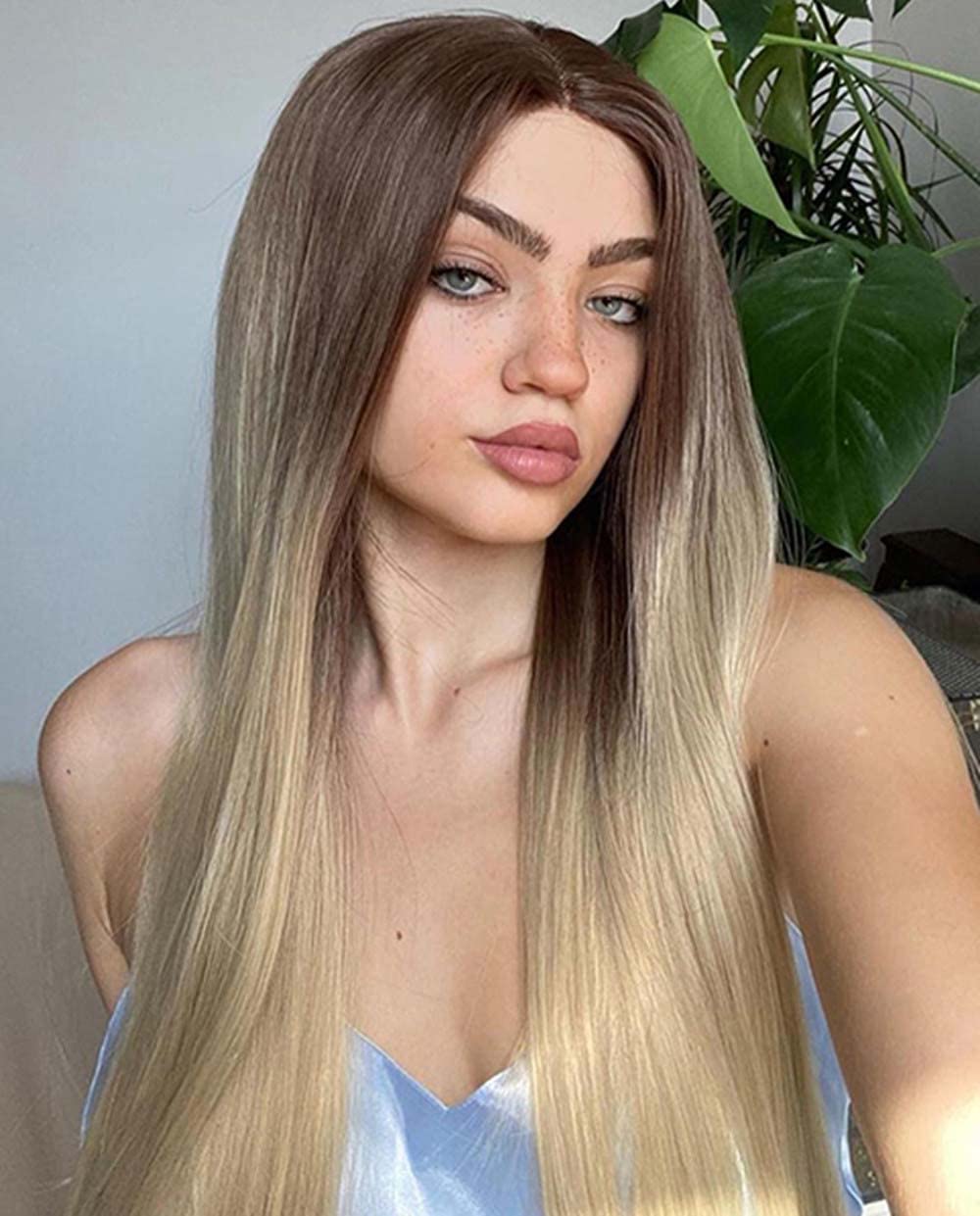 Xiweiya Blonde Synthetic Lace Front Wigs Long Silky Straight Wigs With Brown Roots Long Hair Wig For Women Heat Resistant Fiber Hair Side Parting… (blonde)