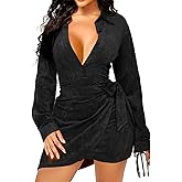 SeNight Dresses for Women Sexy Ruched Sparkly Bodycon Long Sleeve Deep V Neck Club Mini Dress for Party Club Night