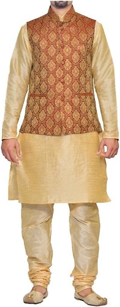 ZORAVO Men BEIGE Kurta Matching Chudidar Pyjama with Maroon Jacket Waistcoat