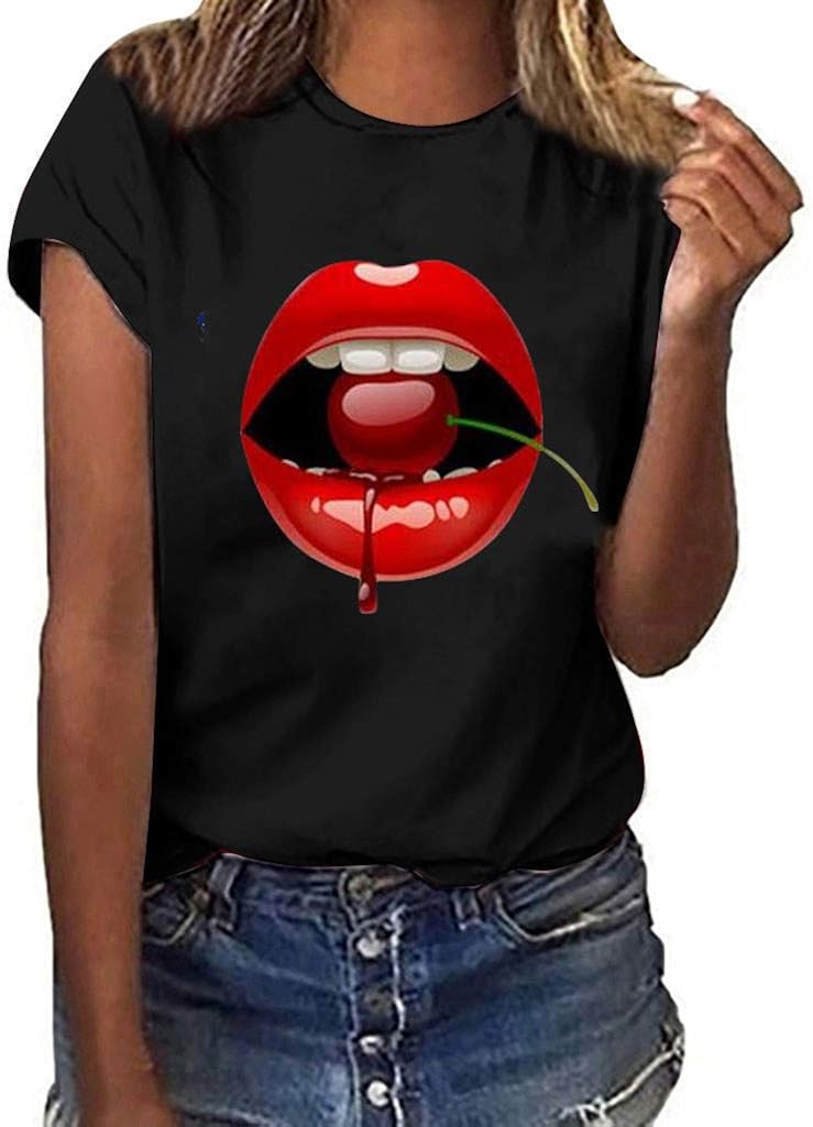 Women Girls Plus Size Lips Print Shirt Short Sleeve T Shirt Blouse Tops
