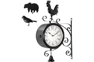 MACVAD Outdoor Post Clock with Interchangeable Rooster Bird and Bear Accessories, Double-Sided Hanging Farmhouse Iron Clock with Bell for Outdoor Garden Porch and Indoor Decor 13x18