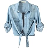 SeekMe Womens Denim Shirts Tie Front Crop Top Button Down Chambray Jean Shirts