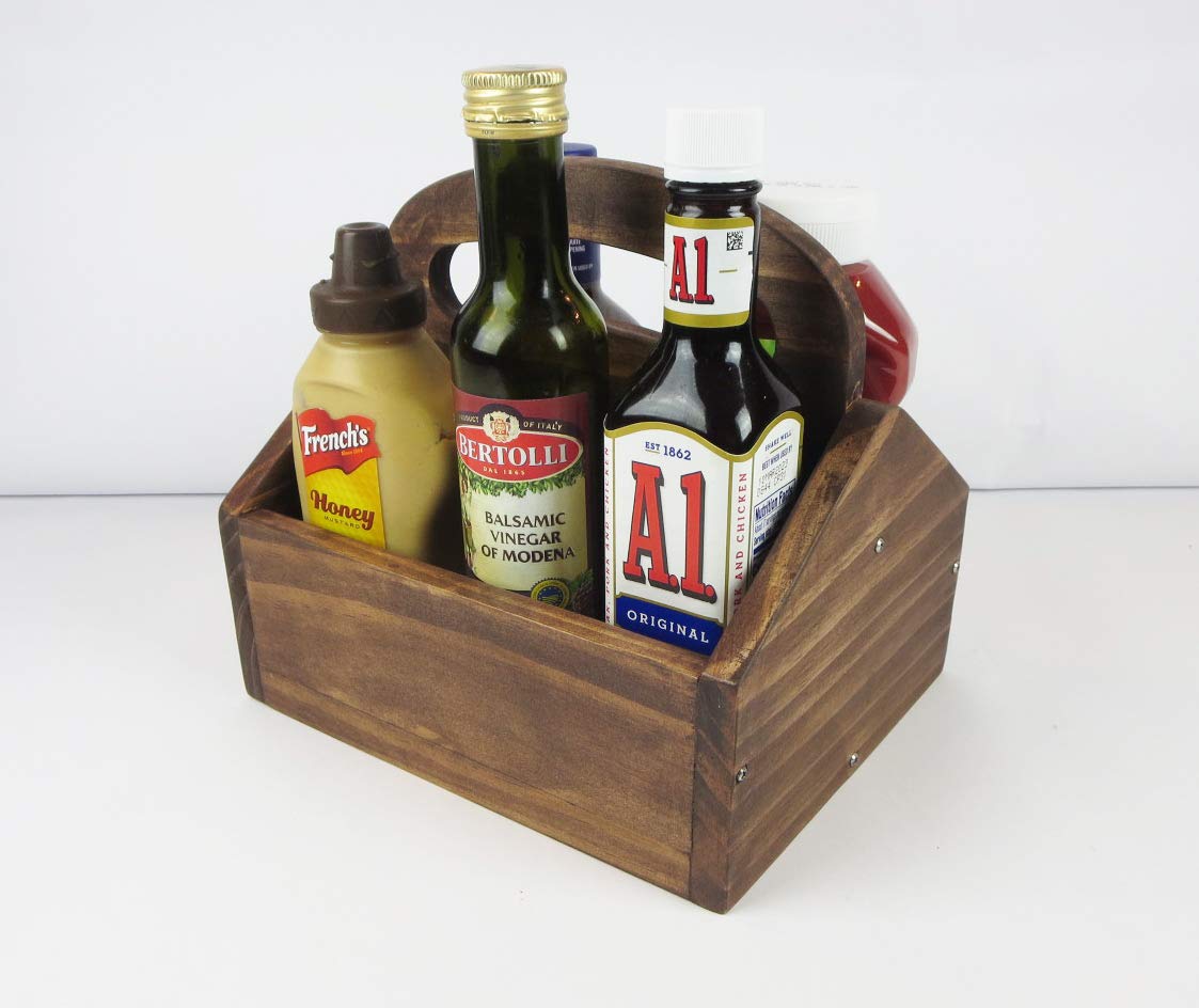 Wooden Condiment Caddy, Rustic Sauce Carrier, BBQ Ketchup