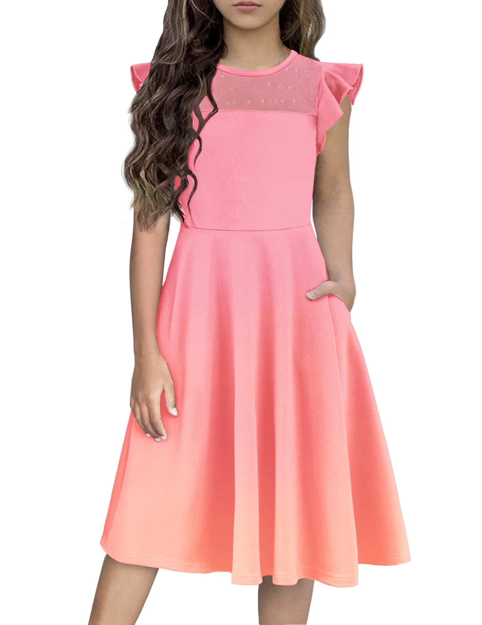 Flypigs Kids Dress Ruffle Short Sleeve Easter Party Formal Valentines Special Occasion Wedding Summer Girls Girl Dresses Pink Orange 9-10 Years Image