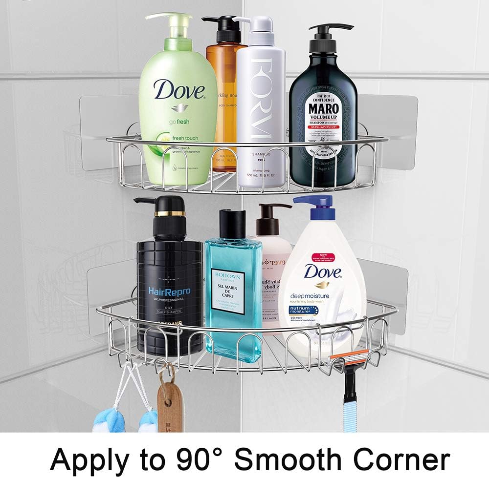 Orimade Adhesive Corner Shower Caddy Shelf with 2 Movable Hooks Wall