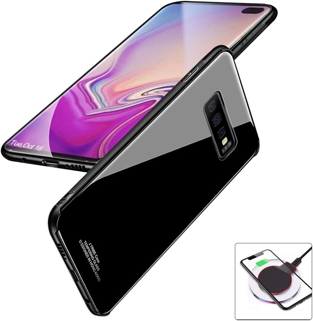 evershare Galaxy S10 Plus Case Tempered Glass Back Soft TPU Bumper Anti-Scratch Shockproof Drop Protection Pure Color Slim Fit Cover for Galaxy S10+, Black