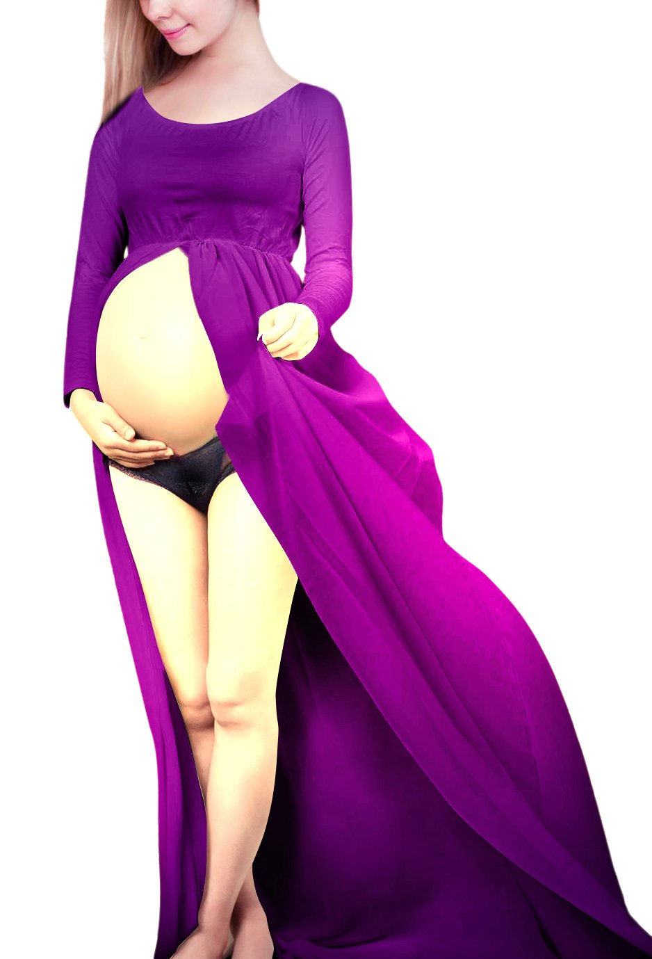 Gititlys Front Split Off Shoulder Chiffon Maternity Gown Pregnancy Dresses for Photoshoot Purple