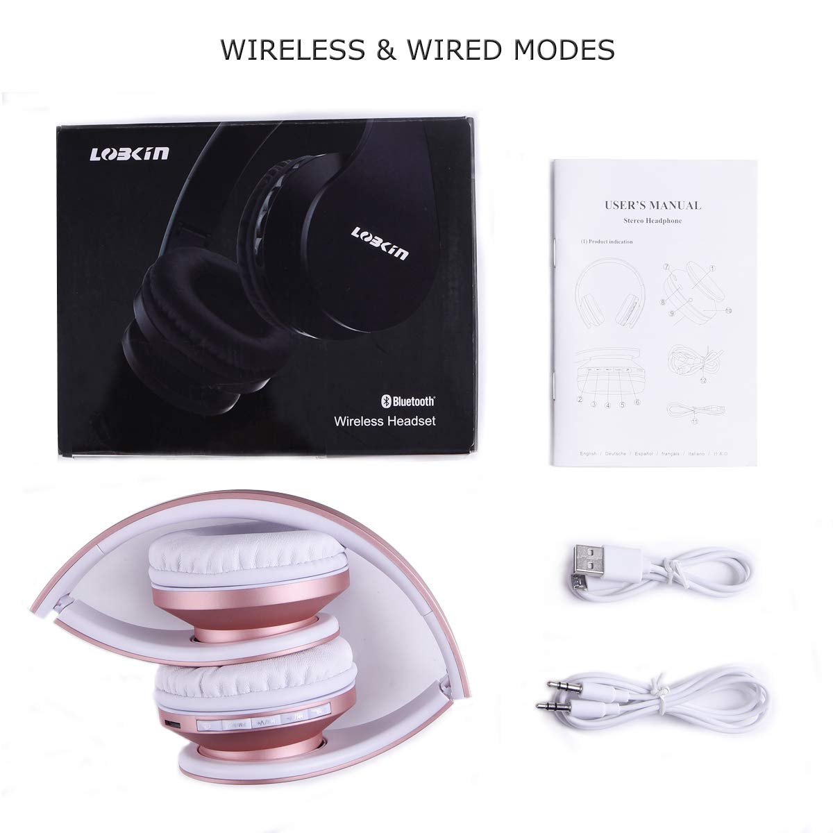 LOBKIN Bluetooth Kopfhörer, Over Ear Faltbare Headsets, Kabellos Stereo Kopfhörer mit Integriertem Mikrofon, TF/SD-Karte, FM Radio für iPhone, Android und PC