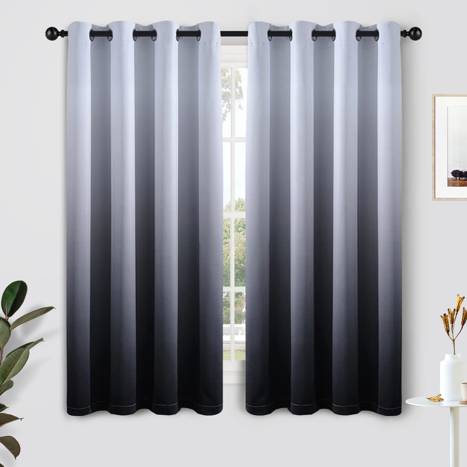 SimpleHome Ombre Curtains 52 x 63 Inch for Bedroom 2 Panels, Gradient Grey White to Black Light Blocking Thermal Insulated Grommet Room Darkening Window Curtain/Drapes for Living Room