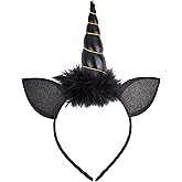 Roffiy Unicorn Horn Headband Black Furry Unicorn Ears Pony Hairband – Magical Blossom Hair Accessory for Women Cosplay & Birthday Party Halloween