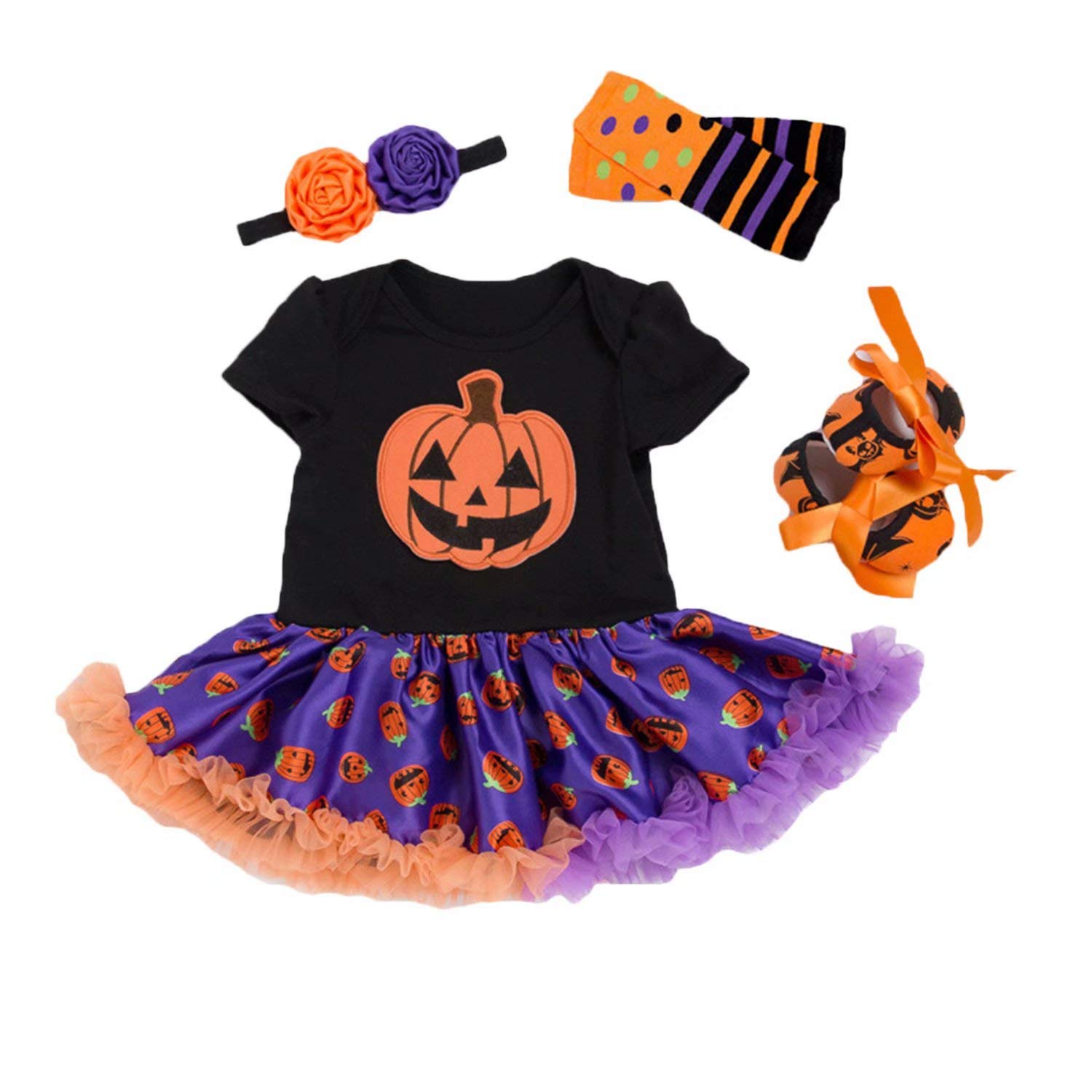 BabyPreg My First Halloween Costume for Infant Girl Thanksgiving Costume Pumpkin Dress Up Baby Dress Set (Black Purple, 3-6 Months)
