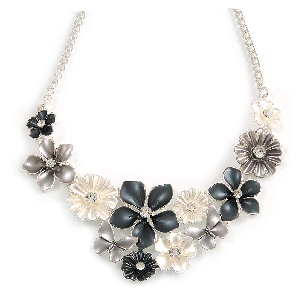 Avalaya Metallic White/Metallic Grey Matte Enamel Daisy Cluster and Butterfly Necklace In Silver Tone - 42cm L/ 6cm Ext - 40cm L/ 5cm Ext