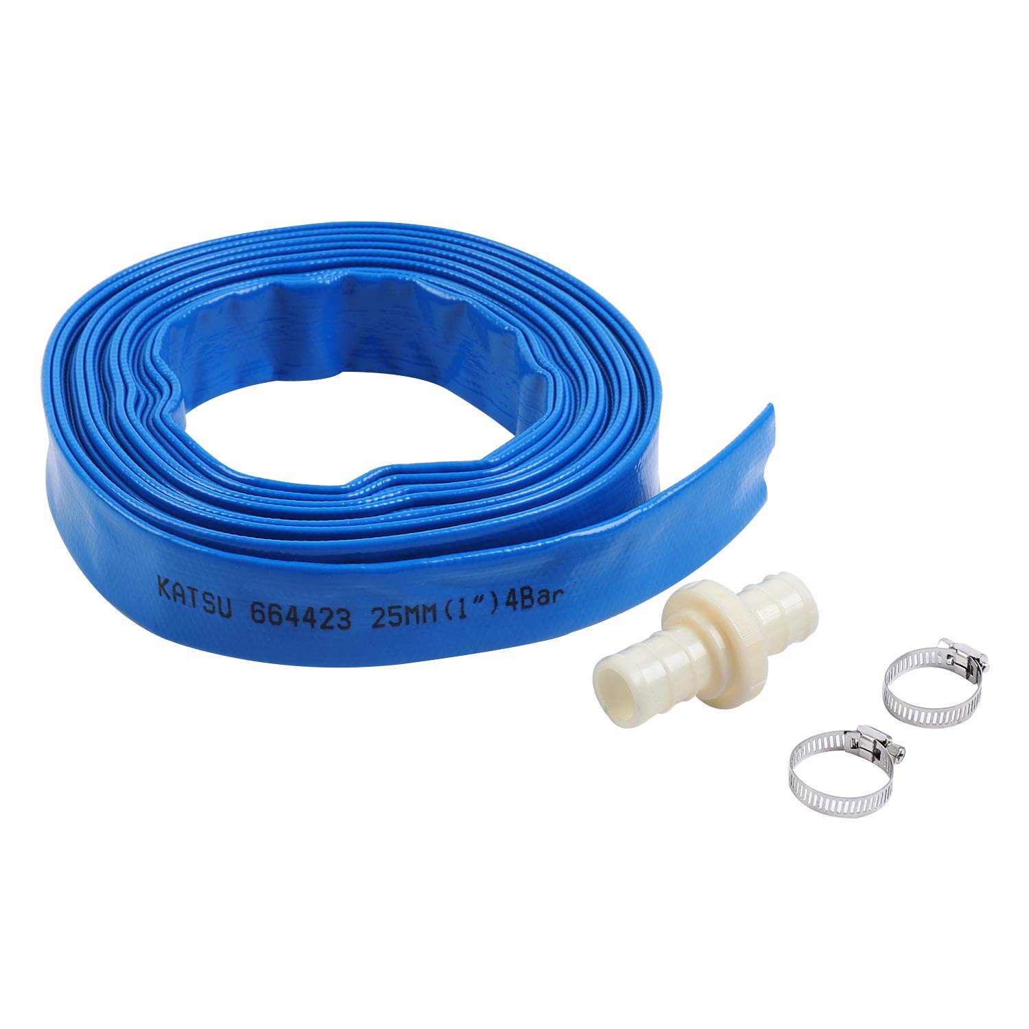 KATSU Layflat Discharge Hose Pipe 10m x 25mm 1-Inch Diameter with 2 Clips and Quick Coupler Connector, Fits Submersible & Other Water Pumps for Draining Pond, Garden Irrigation, Hot Tub, Pool
