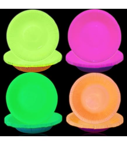 Assiettes En Carton Fluo – Lot 20 Assiettes + 20 Desserts – Noir Avec Motifs Phosphorescents