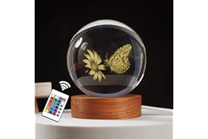 INTKI CRYSTAL 3D Butterfly Crystal Ball 60mm Gifts Ideas for Girlfriend Wife Mom Couple Her Butterfly on Sunflower in Glass Ball with Multicolor Lighting Base