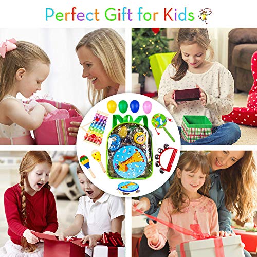 Kids Percussion Musical Instruments Toys - 26 Pcs 17 Types Wooden Instruments with Storage Bag Tambourine Xylophone Egg Maracas for Preschool Education Early Music