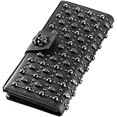 Shinywear Women's Black Long Skull Studded Purses Genuine Leather Card Holder Wallet