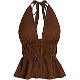 SOLY HUX Women's Plus Size Deep V Halter Tops Tie Front Sleeveless Backless Peplum Ruffle Going Out Tank Top