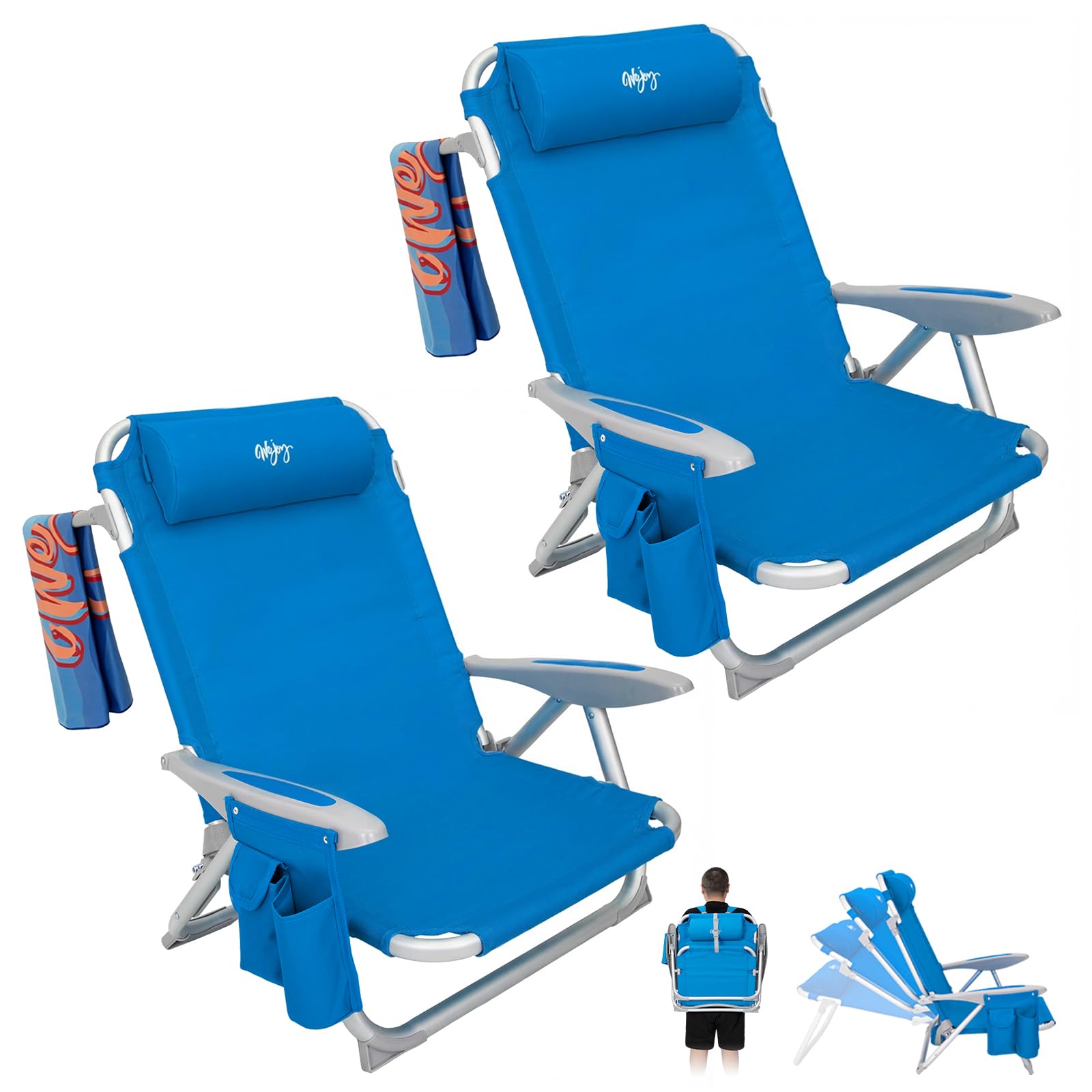 Photo 1 of #WEJOY Beach Chair for Adults, Reclining Adjustable Position,Lay Flat Lightweight Folding Portable Aluminum Chair with Backpack Straps,Padded headrest, Heavy Duty 400 lbs Lawn Chair for Beach, 2 Pack
