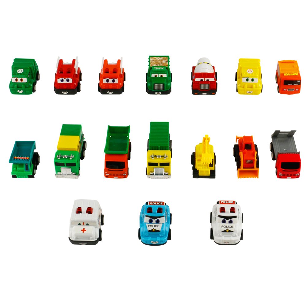 Polizeiauto Spielzeug Rennauto Baufahrzeuge Kinder Zurückziehen Auto Miniaturautos Set für Kinder mit 17 Auto